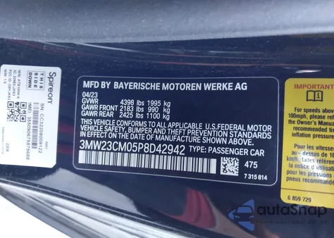 2023 BMW 230 I z USA, uszkodzony, nr VIN 3MW23CM05P8D42942